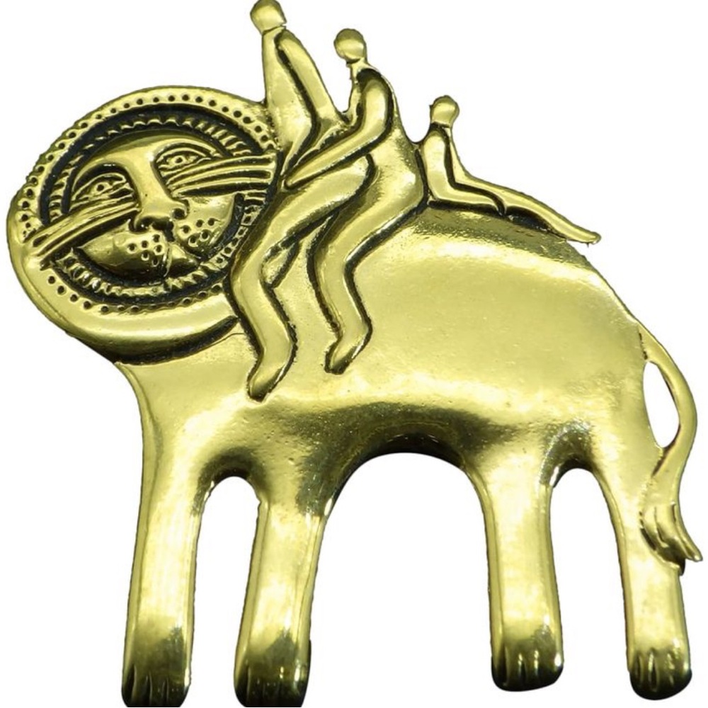 Laurel Burch Gone Tone Signed Artsy People Riding Lion/Cat Vintage Whimsy Brooch